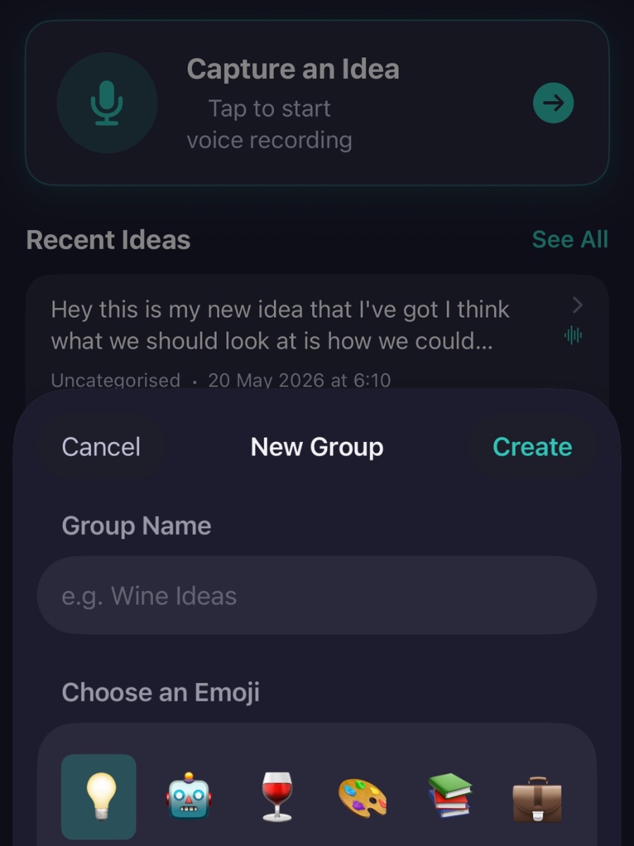 New Group modal showing a Group Name field with placeholder Wine Ideas and a row of emoji options