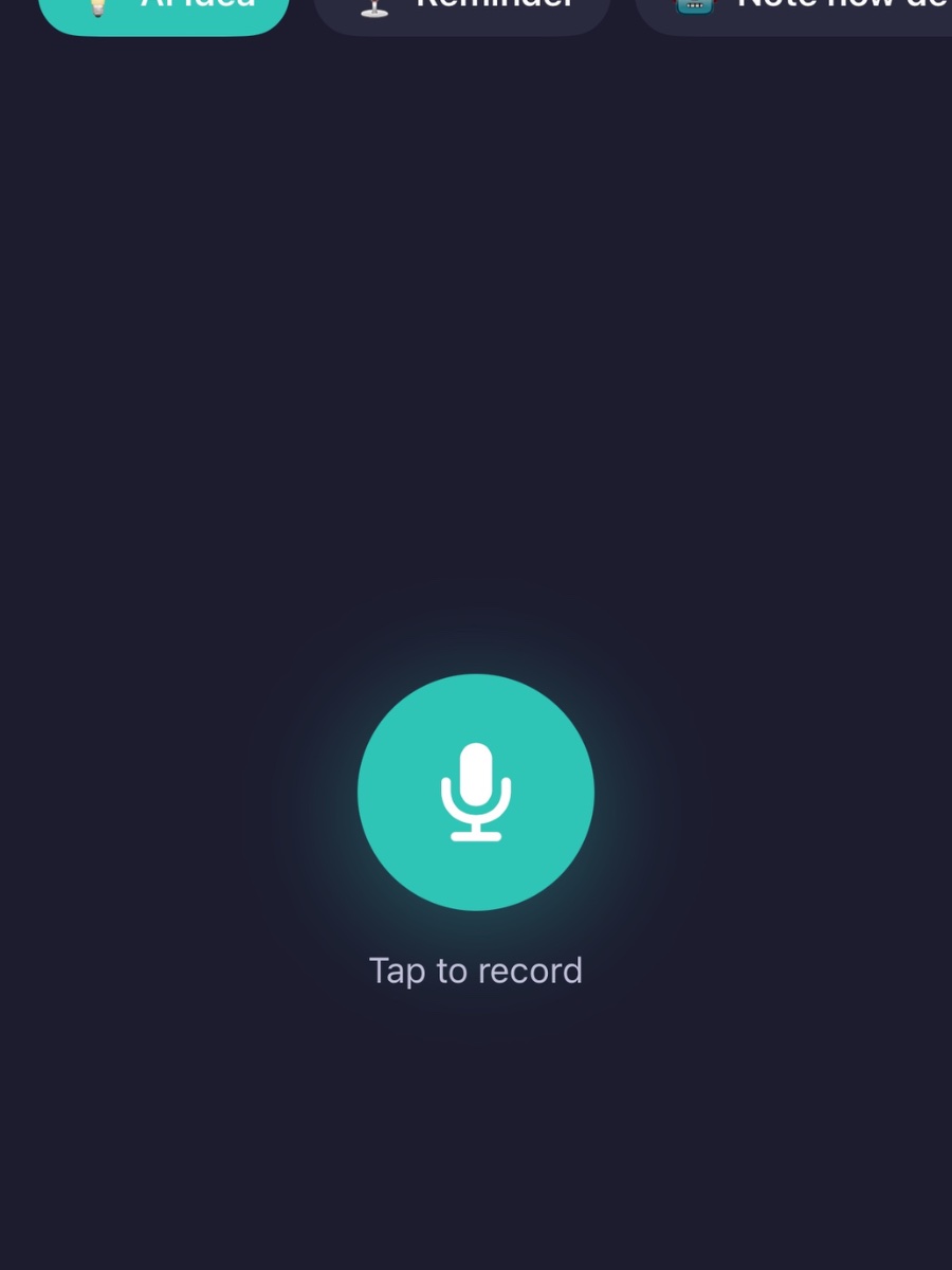 Note Now record screen with a large teal microphone button and Tap to record prompt